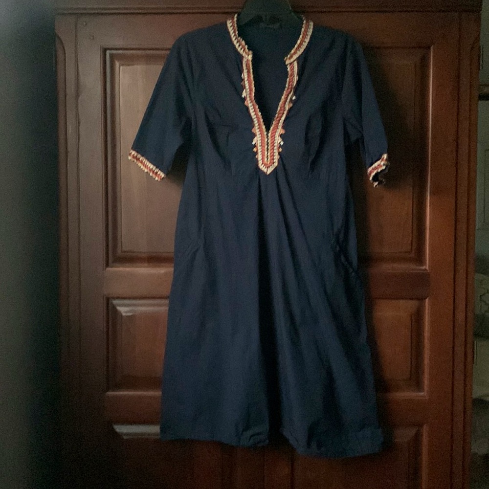 Navy Mandarin Collar Dress with Embroidery